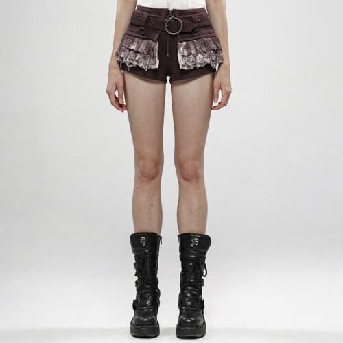 PUNKRAVE Womens Steampunk Viper Stonewashing Shorts Punk Style Detachable Belt Denim Short Pants