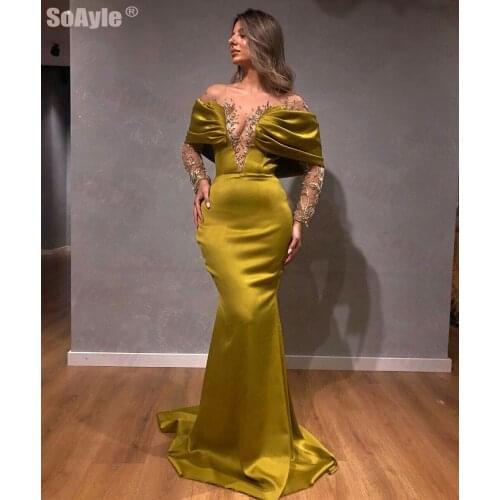 SoAyle vestidos Mermaid Glitter Sparkling Evening Dress Long Sleeves Sheer Bead Neck Sequins Crystal 2020 Vestidos de Fiesta