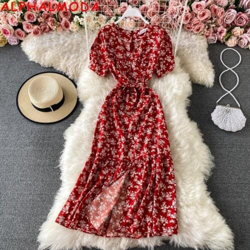 ALPHALMODA V-neck Dress Womens 2021 Summer New Style Floral Printed Bubble Sleeve Lace Up Split Floral Dress