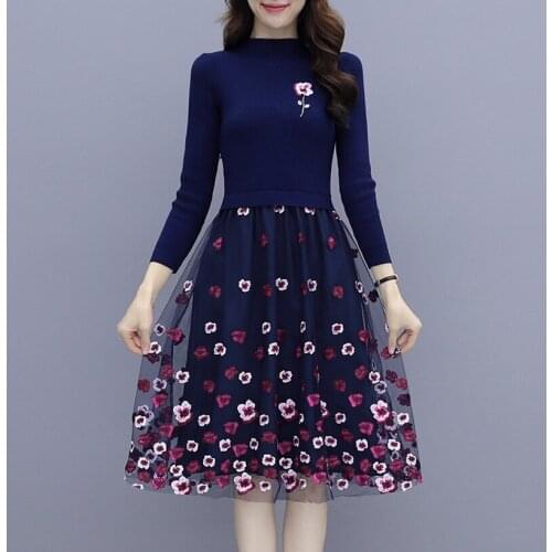 Lady Autumn Elegant Mesh Stitching Knitted Rose Embroidery Women Long Sleeve High Stretch Warm Slim Midi Evening Dresses