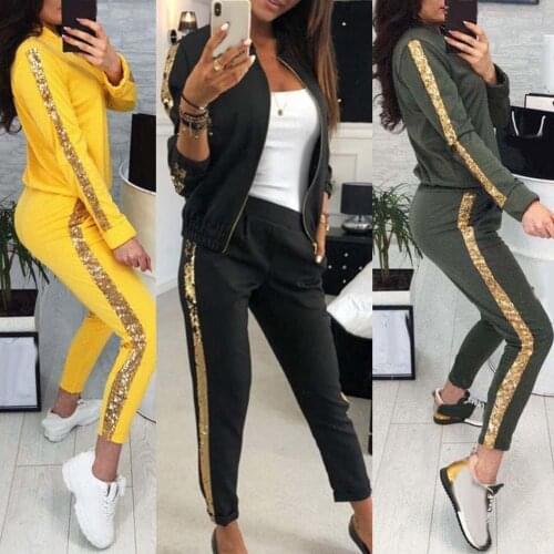 2Pcs Women Jogging Suit Sequins Patchwork Tracksuits Sweatshirt Coat Pants Set Top+pant Sweat Suits 2 Piece Outfits Matching Set