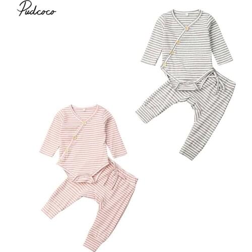 2019 Brand Cotton Baby Clothes 2Pcs Newborn Baby Boys Tops Romper Striped Jumpsuit Long Pants Sleepwear Outfits Clothing Sets