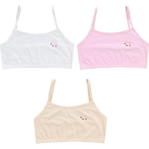 40JC Teenage Puberty Girls Solid Color Double Layer Underwear Bra Spaghetti Strap Cute Cartoon Rabbit Bralette Summer Basic Crop