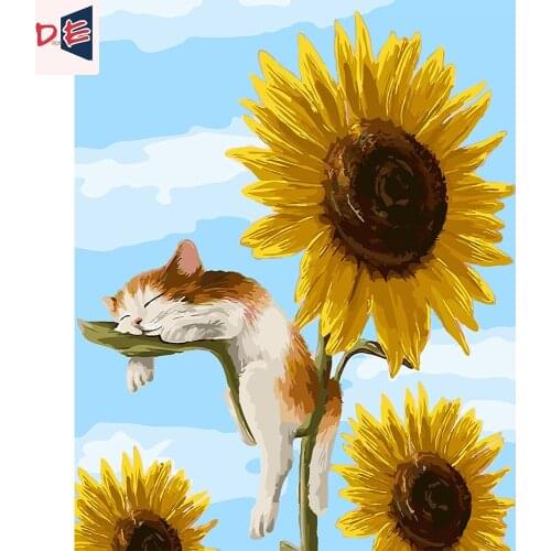 DrofE Cat Sleep On Sunflower Oil Painting By Numbers For Adults Children Frame On Canvas Home Decor Wall Art Photo Unique Gift