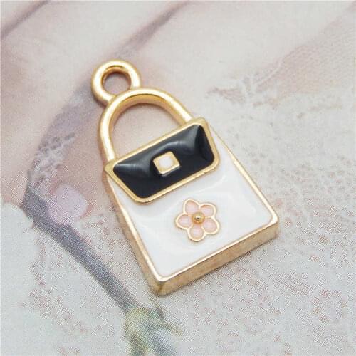 Julie Wang 10PCS Enamel White Purse Bag Charms Women Flower Handbag Alloy Gold Tone Necklace Bracelet Jewelry Making Accessory