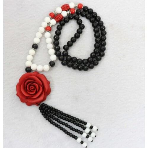 Beautiful Black Carnelian 8mm Round Beads with 20x46mm Red Cinnabar Flower Pendant Women Handmade Long Chain Necklace 36" B960
