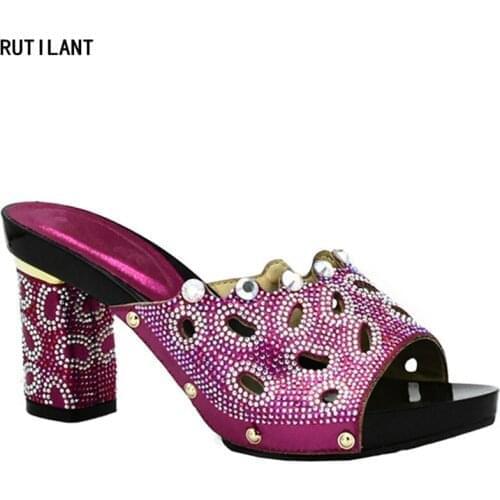 Latest Fuchsia Color African Wedding Shoes High Quality Elegant Italian Women Shoes with Stone High Heels Women Rhinestone Pumps