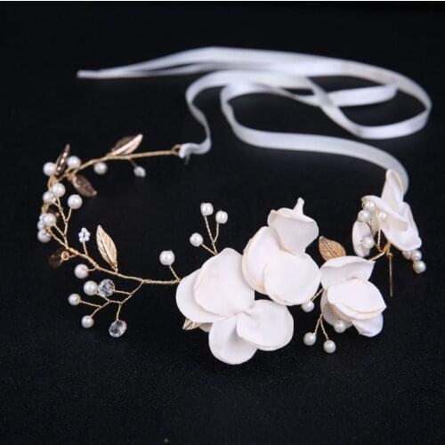 Gold Leaves Pearl Headbands Wedding Prom Hair Jewelry Champagne Flower Head Piece Bridal Vintage Hairband Tiara Hair Accessories