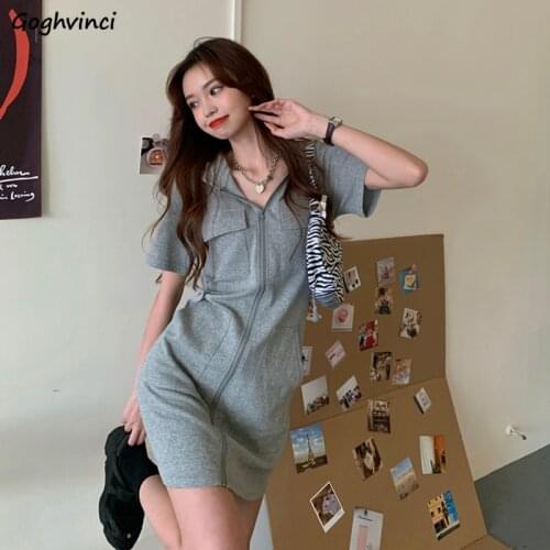 Short Sleeve Dress Women Zipper Pocket Hooded Stylish Solid Dresses Korean-style Street-wear Girls Loose Casual Fashion Ulzzang