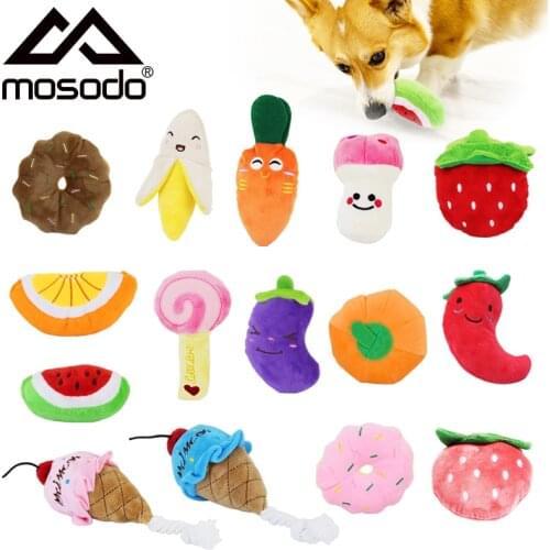 Mosodo Plush Squeaky Dog Toys Animal Cartoon Stuffed Squeaking Pet Toy for Dog Cat Chew Squeaker Banana Carrot Doll Pet Supplies