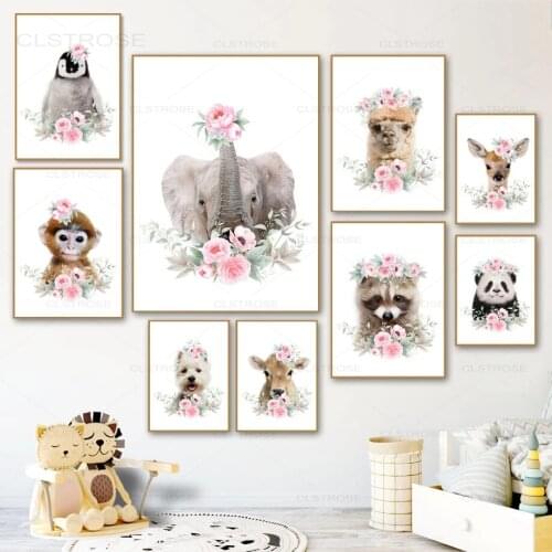 Nordic Cute Animals Poster Elephant Panda Monkey Llama Raccoon Penguin Dog Art Canvas Painting Wall Pictures for Kids Room Decor
