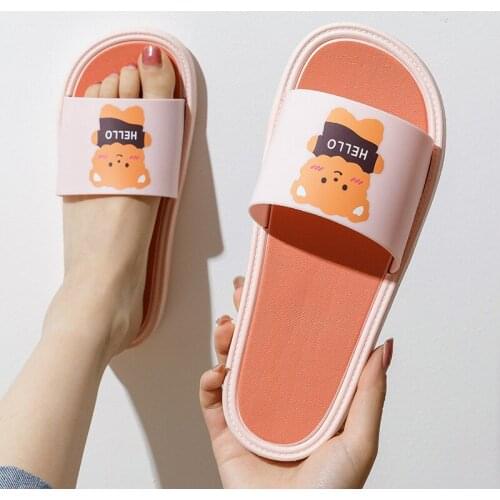 Cute Cartoon Bear Slippers Women Men Summer Non-slip Beach Slide Sandals Home Comfortable Flat Bathroom Shoes Lovely Slippers