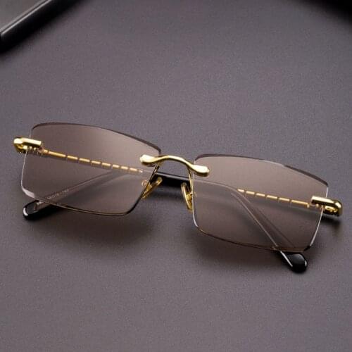 Rimless Polarized Sunglasses Women Men Vintage Crystal Stone Sunglasses Retro Yellow Brown Lens Sun Glasses UV400 Goggles Oculos