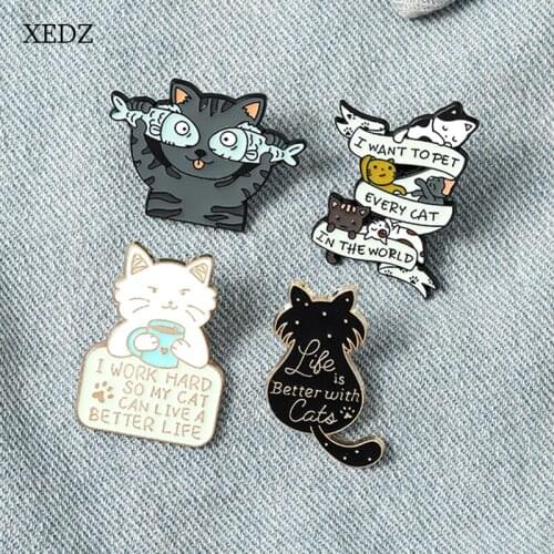 XEDZ 2021 New Orange Cat Black Cat Enamel Pendant Cute Cartoon Fox Hard Work Life Animal Pet Adoption Badge Jewelry Gift