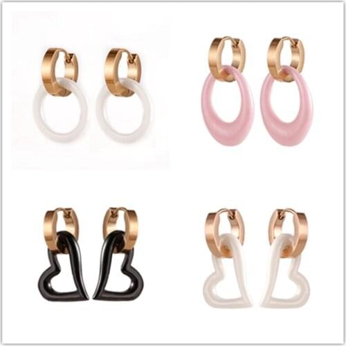 XUANHUA Ceramic Earrings Dorp Earrings Stainless Steel Buckle Earrings Heart-shaped Round Pink White Black Fashion Earrings