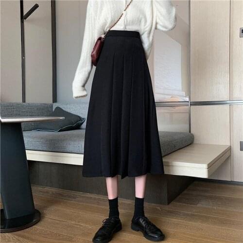 2020 High Waist Midi A-line Skirt Womens Autumn Winter Casual Pleated Skirts