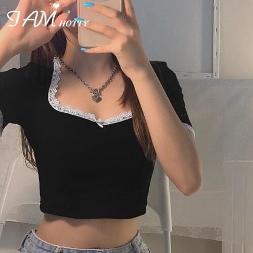 Gothic Kawaii Lace Patchwork T-shirt Women Summer 2021 Short Sleeve Casual Basic Crop Top Tee Ladies Vintage Outfits 90 Iamhotty