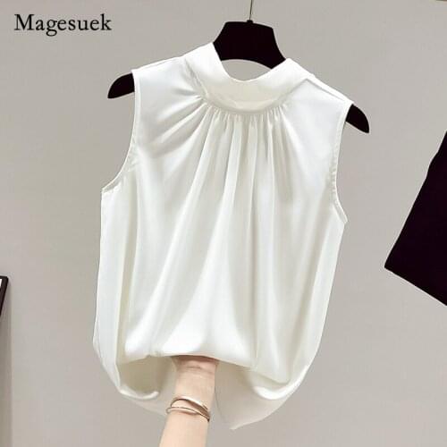 Summer 2021 Women Fashion Chiffon Blouse Solid Folds Bow Sleeveless Tops for Women Elegant Office Lady Slim Shirt Blusa 15479