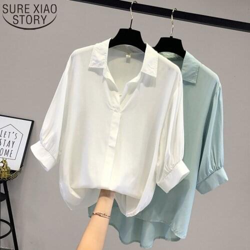 Vintage Half Sleeve White Shirt Women Turn Down-collar Button Up Solid Women Blouses and Tops 2021 Summer Chiffon Shirts 14623