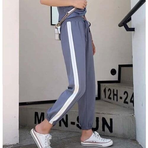 Womens Sports Pants Spring Side Stripes Casual Loose Chiffon Elastic Waist Lantern Wide Trousers plus Size Sweatpants for Women