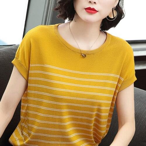 Women Spring Summer Style Knitted Blouses Shirts Lady Casual Short Sleeve O-Neck Striped Printed Blusas Tops ZZ0504