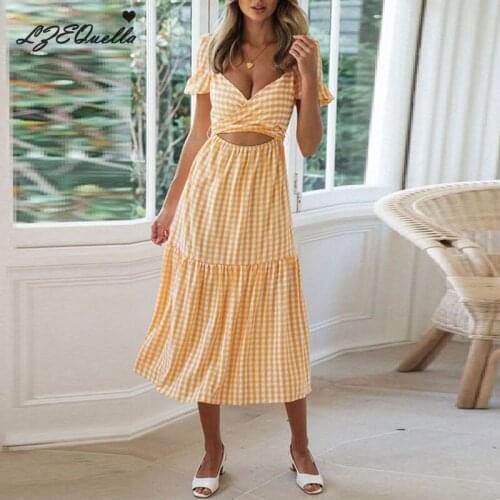 Summer Sexy V Neck Backless Lace Up Hollow Long Dress Women Short Sleeve High Waist Plaid Yellow Dresses 2021 New Vestido NZ3483