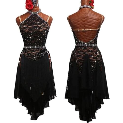 Female Black Lace Latin Dancing Dress Performing Costume Crystal Fringes Dress Belt Rumba Swing Skirt Competition Outfits 3906