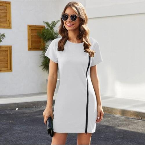 White Dress Women Round Neck Short Sleeve Side Zipper Dress Women Fashion Casual Sports Loose Dress 2021