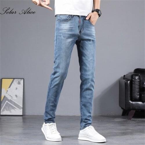Free Shipping 2021 Fall Mens New Mid-waist Small Straight Leg Jeans Slim Simple Youth Pants Casual Pants