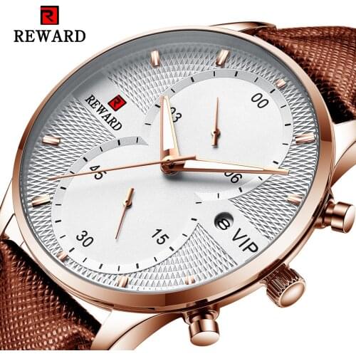 REWARD White Quartz Wrist Watches for Men Brown Leather Band Calendar Display Grid Dial Design Business Watch Male