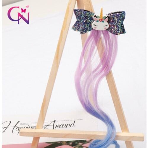 CN 3" Hair Accessories Unicorn Hair Clips For Girls Long Wig Ponytails Shiny Glitter Hair Bows Kids Baby Hairpins Hair Barrettes