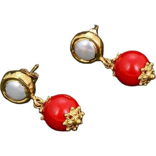 GG Jewelry Natural White Pearl Red Coral Gold Plated Stud Dangle Earrings