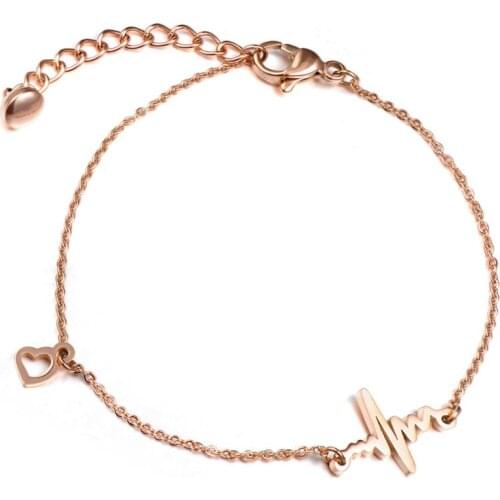 Classic Rose Gold Color Love Heartbeat Bracelets For Girl 316L Stainless Steel Heart Charm Bracelet & Bangles B17031