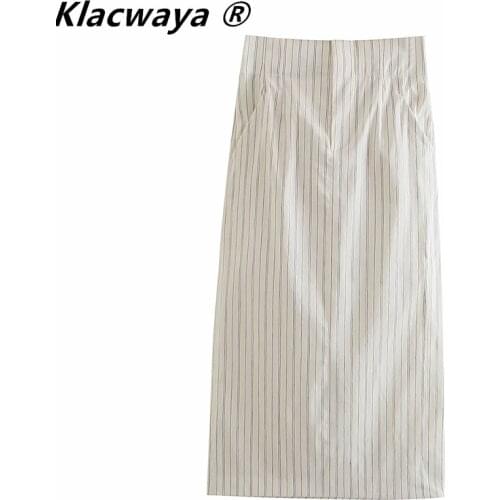 Klacwaya Za Women 2021 Fashion Vintage Striped Midi Long Skirt Elegant High Waist Office Chic Pocket Zipper Split Female Skirts