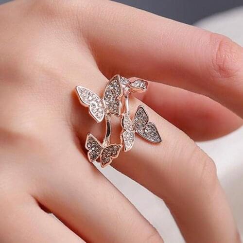 Crystal Butterfly Ring Index Finger Resizable Rings For Women Jewelry Gold Rose Gold Silver Color Ring Jewellery Anel Anillos