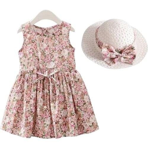 2Pcs Set Girls Dress Hat Cotton Children 2021 Summer Fashion Casual Wear Printing Dress Girls' Sleeveless Floral Dress Children