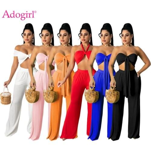 Adogirl Women Solid Two Piece Set with Ribbon Strapless Crop Top Pockets High Waist Wide Leg Pants Fashion Casual Summer Suit