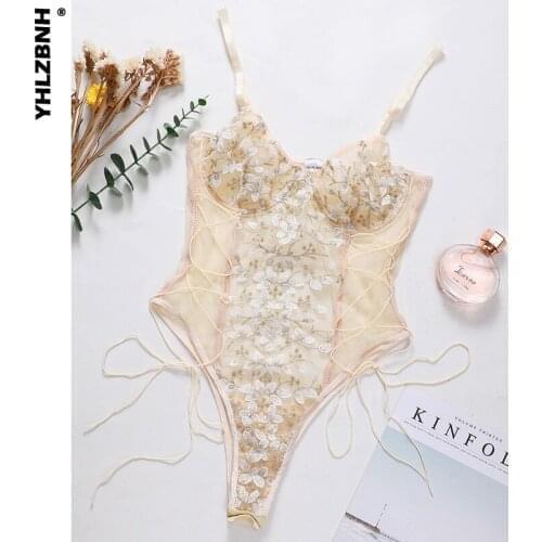 YHLZBNH Lace Bodysuit Women Floral Embroidery Sexy Overalls for Women Lace up Bandage Female Jumpsuit Lace Body Sexy Woman