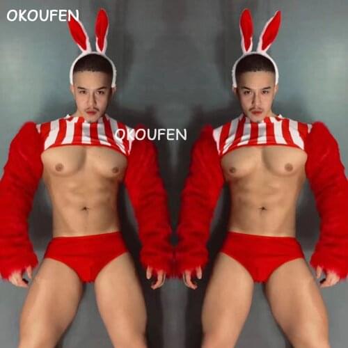 Nightclub bar men and women ds new sexy red christmas new years day furry bunny gogo costume suit