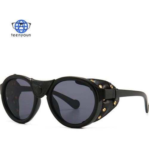 TEENYOUN 2021 Fashion Round SteamPunk Sunglasses For Women Men Leather Side Shield Sun Glasses UV400 Eyewear Oculos De Sol