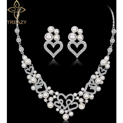TREAZY Elegant Simulated Pearl Bridal Jewelry Sets Silver Color Heart Shape Crystal Necklaces Earrings Sets Wedding Jewelry Set