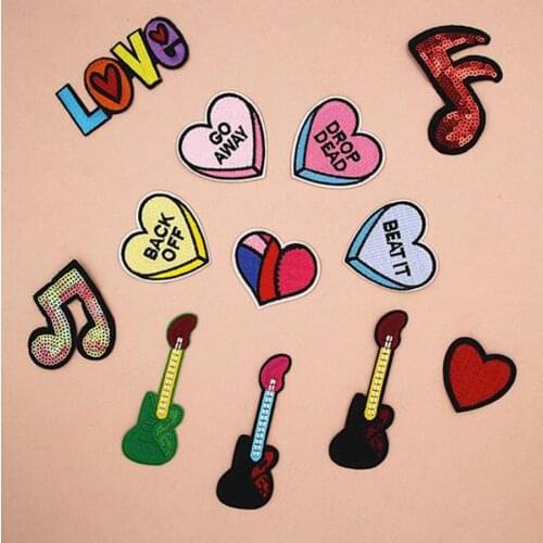 Sequined Embroidered Guiter Heart Patch Cap Clothes Stickers Bag Sew Iron Applique DIY Apparel Sewing Clothing Accessories BU79