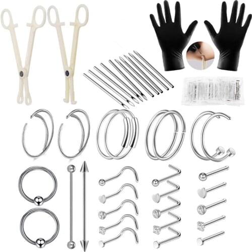 Yuelong 51pcs Professional Nose Piercing Kit 20G 16G Piercing Needles Piercing Clamps Gloves Nose Ring Studs Piercings Hoop Cart