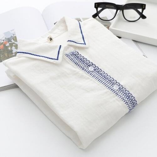 Simple Embroidery Double Yarn Cotton Shirt Women Spring Autumn Casual Sweet Turn Down Collar Long Sleeved Blouses Tops U257