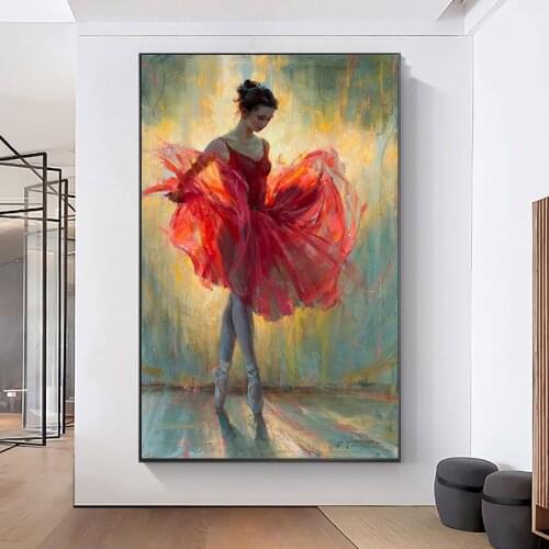 Elegant Ballet Dancer Girl Canvas Painting Red Skirt Ballerina Poster and Prints Wall Art Pictures for Living Room Home Decor