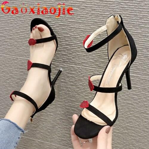 Gaoxiaojie 2021 Summer New Shining Diamond Red Lips High Heel Sandals Women Flock Zip Cover Heel 9CM Party Stiletto Shoes