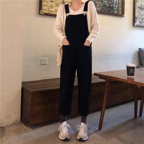Jumpsuits Women Straps Ankle-length Solid Denim Trouser Womens Korean Style Pockets Girl Student Elegant Fashion Female Jumpsuit
