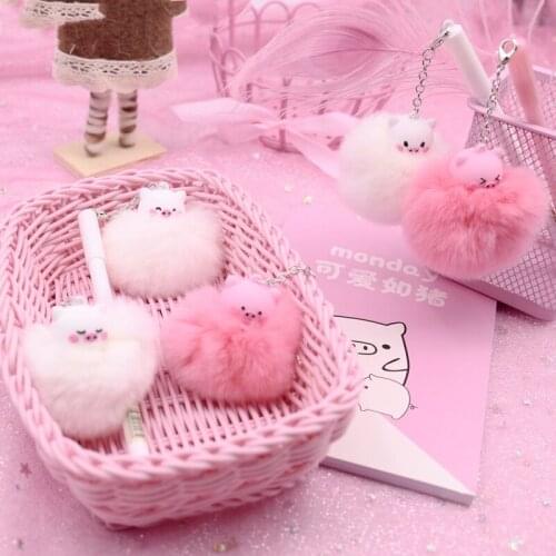 1pc/3pcs 0.5mm Cute Cartoon Pig Flamingo Unicorn Fluffy Ball Pendant Signature Gel Pen Stationery Office Writing School Supply