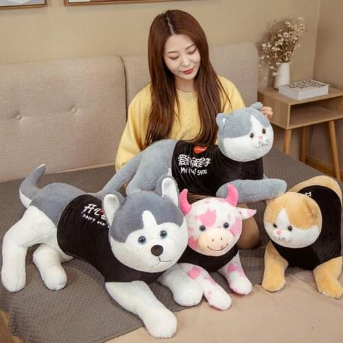 80cm/100cm Dressed Husky Cat Cow Stuffed Doll Soft Husky Lying Plush Toy Dog Animals Kids Birthday Gift