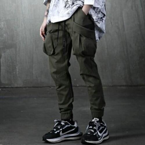 Large mens new lace up big pocket toe binding fashion trend casual overalls thin sports pants spring and summer